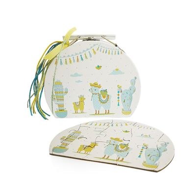 Μπομπονιέρα βάπτισης βαλιτσάκι με παζλ λάμα αγόρι ST00270