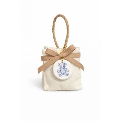 Μπομπονιέρες βάπτισης τσαντάκι βραχιόλι με κεραμικό αρκουδάκι blue floral 3018
