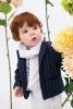 eeeeeeeeeΒαπτιστικά ρούχα αγόρι Bambolino σετ Juan με navy blue ριγέ σακάκι, λευκό πουκάμισο με navy κέντημα, λευκό παντελόνι και λευκό φουλάρι.