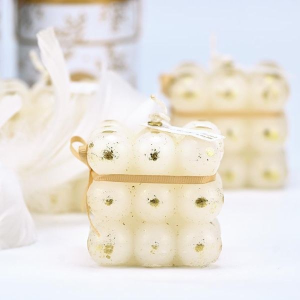 bbbbbbbbbbΜπομπονιέρες βάπτισης κερί bubble λευκό με φύλλα χρυσού