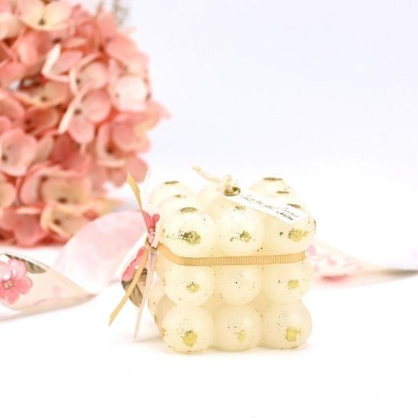 bbbbbbbbbbΜπομπονιέρες βάπτισης κερί bubble λευκό με φύλλα χρυσού