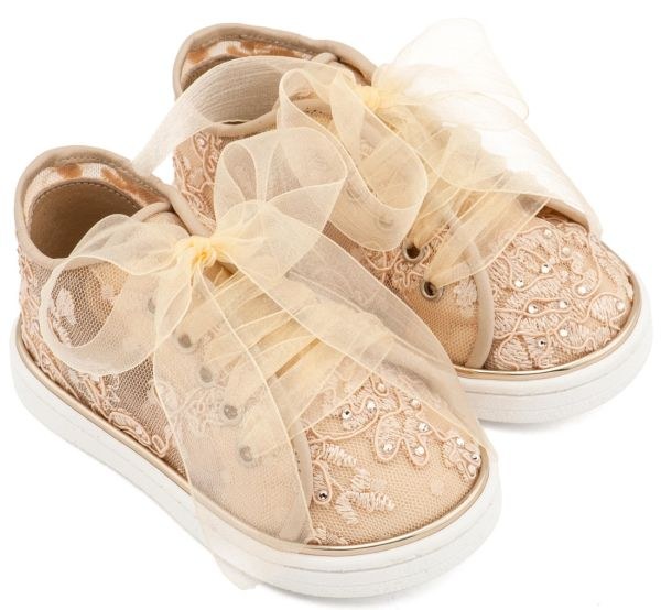 bbbbbbbbbbSneaker απο Ύφασμα Φιλντιρέ Λουλούδια με Δερμάτινες Λεπτομέρειες και Chiffon Κορδόνι σε μπεζ Χρώμα
