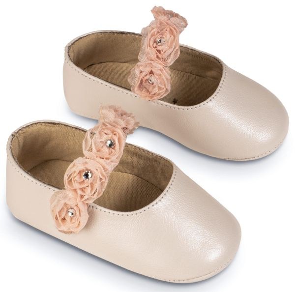 bbbbbbbbbbΒαπτιστικά παπούτσια για κορίτσι με chiffon λουλούδια σε ροζ χρώμα.
