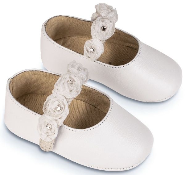 bbbbbbbbbbΒαπτιστικά παπούτσια για κορίτσι με chiffon λουλούδια σε λευκό χρώμα.