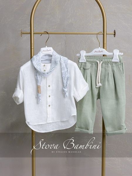 bbbbbbbbbbΒαπτιστικά ρούχα αγόρι Stova Bambini σετ B28 με λευκό λινό πουκάμισο, απαλό πράσινο παντελόνι με σχοινένια ζώνη και λινό φουλάρι με μοτίβα.