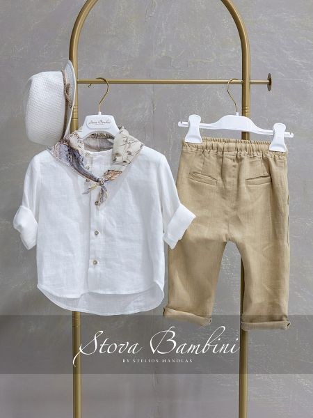 bbbbbbbbbbΒαπτιστικά ρούχα αγόρι Stova Bambini σετ B29 με λευκό λινό πουκάμισο, μπεζ παντελόνι με σχοινένια ζώνη και φουλάρι με τύπωμα παλιού χάρτη.