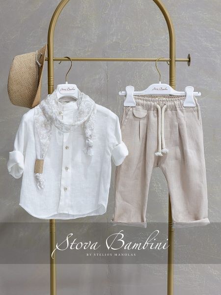 bbbbbbbbbbΒαπτιστικά ρούχα αγόρι Stova Bambini σετ B32 με λευκό λινό πουκάμισο, nude-μπεζ παντελόνι με σχοινένια ζώνη και φουλάρι με vintage μοτίβα.