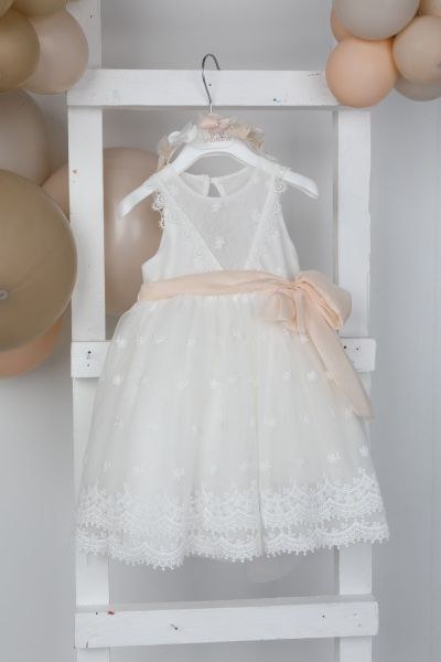 bbbbbbbbbbΑέρινο φόρεμα βάπτισης “Thalia” σε ιβουάρ χρώμα με ροδακινί λεπτομέρειες