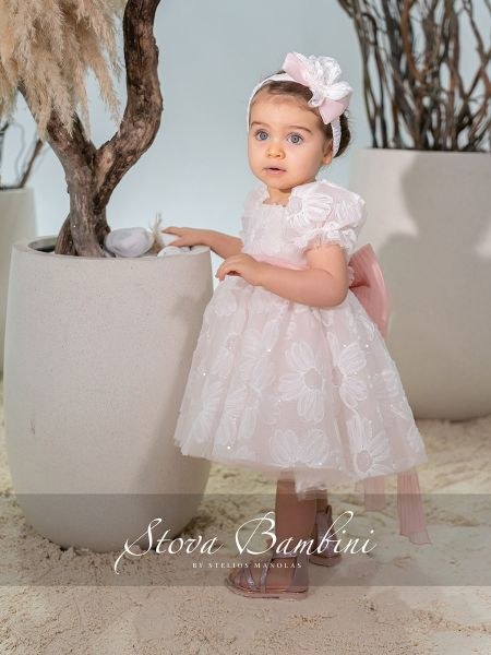 bbbbbbbbbbΒαπτιστικό φόρεμα κορίτσι Stova Bambini σετ G22 με ιβουάρ 3D floral μπούστο, tiered φούστα από τούλι με βολάν και ασορτί κορδέλα μαλλιών.