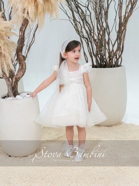 bbbbbbbbbbΒαπτιστικό φόρεμα κορίτσι Stova Bambini SS26 σε ιβουάρ απόχρωση με δαντελένιο μπούστο, 3D λουλούδια στη μέση, φούστα με κάθετα βολάν από τούλι και ασορτί κορδέλα.