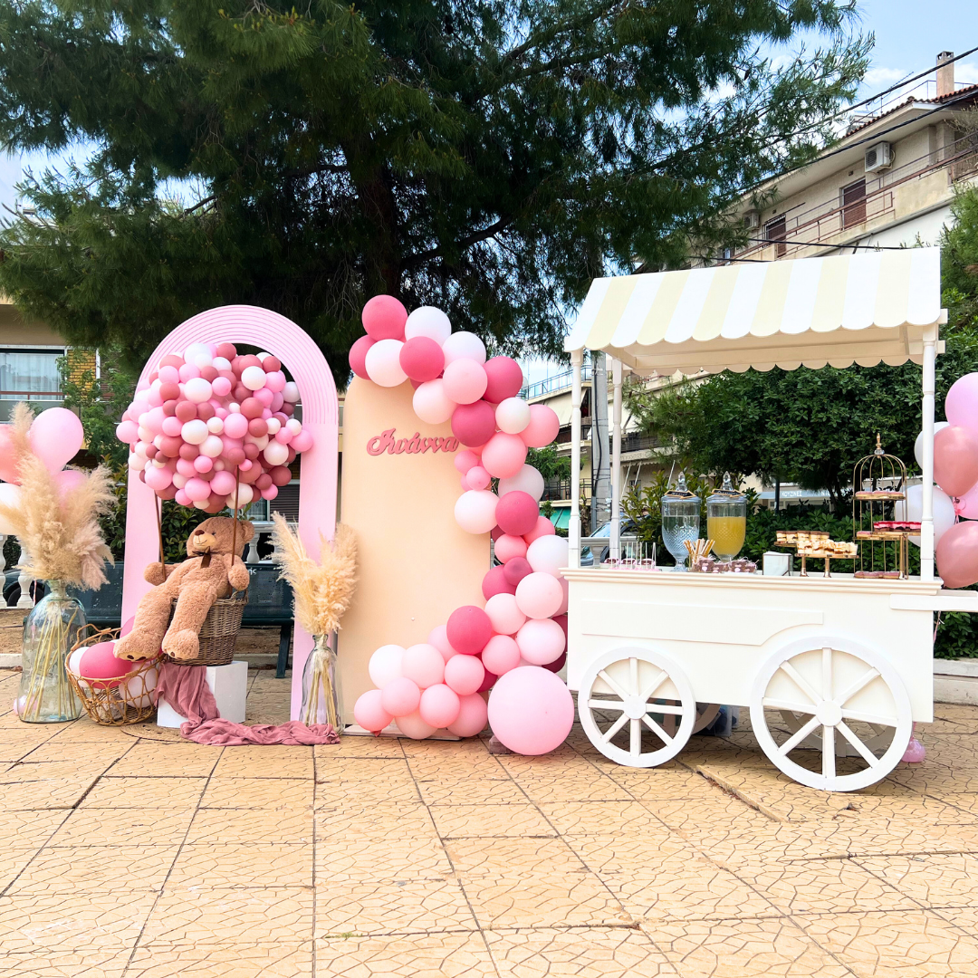 Candy bar βάπτισης για κορίτσι με μπαλόνια και αρκουδάκι