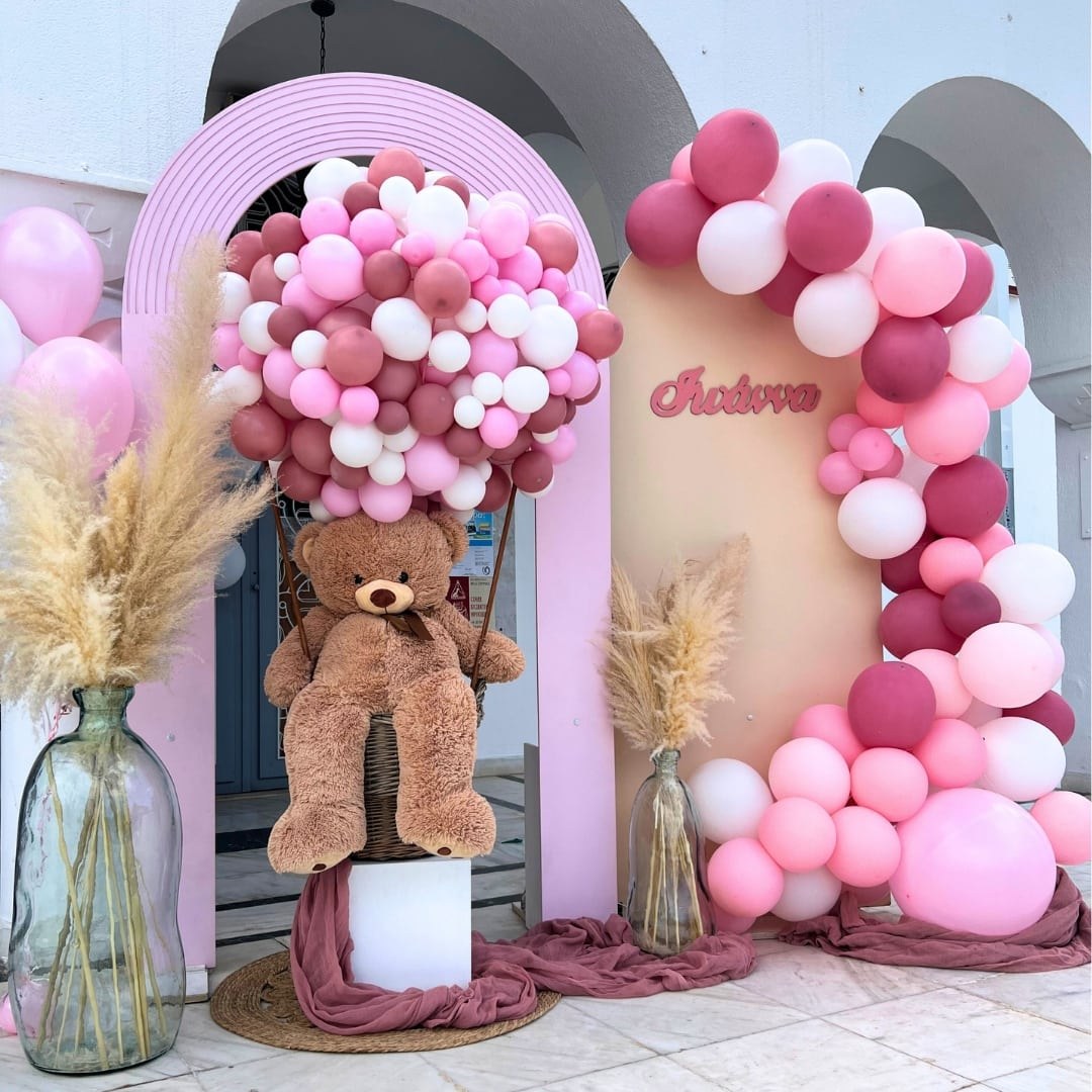 Στολισμός βάπτισης με μπαλόνια και αρκουδάκια για κορίτσι 