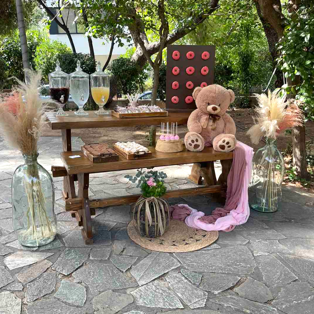 Candy bar βάπτισης για κορίτσι με μπαλόνια και αρκουδάκι