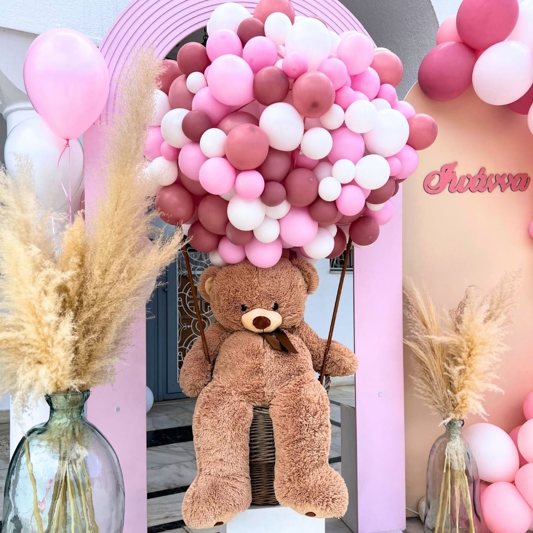 Στολισμός βάπτισης με μπαλόνια και αρκουδάκια για κορίτσι 