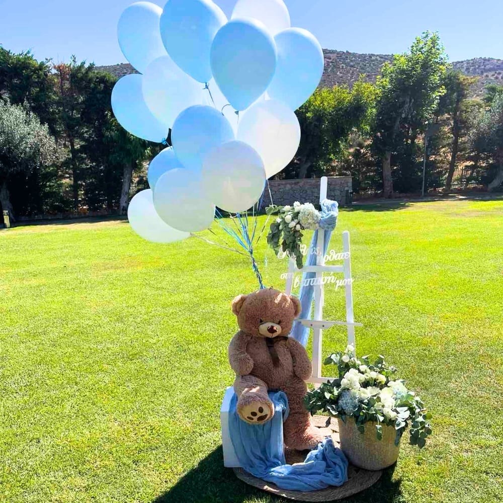 Στολισμός βάπτισης για αγόρι στο κτήμα Ίριδα - Θέμα βάπτισης αρκουδάκι και μπαλόνια