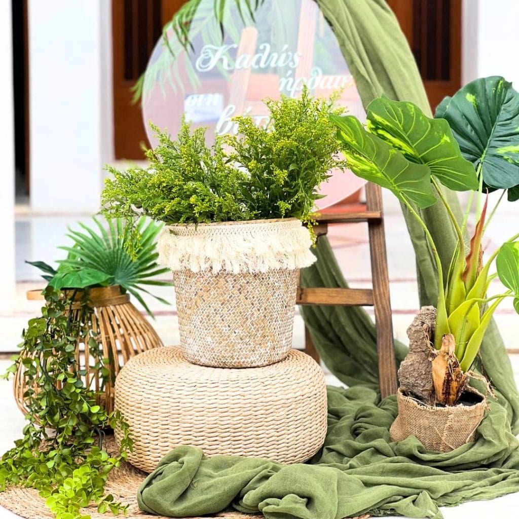 στολισμός βάπτισης δεινόσαυρος με welcome βάπτισης, τροπικά φύλλα, και ξύλινα στοιχεία