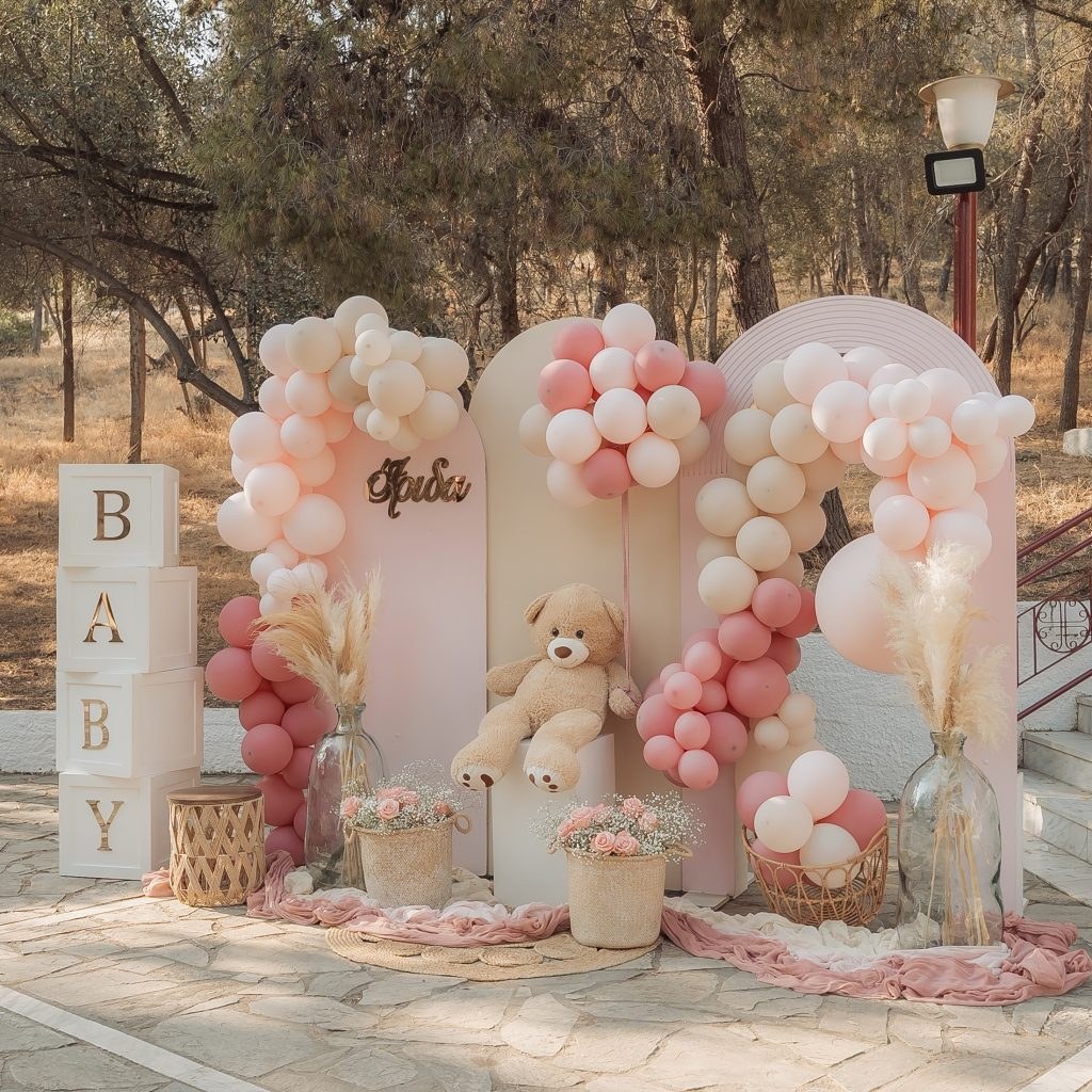 Ρομαντικός στολισμός βάπτισης με θέμα αρκουδάκι και μπαλόνια στο Χαϊδάρι